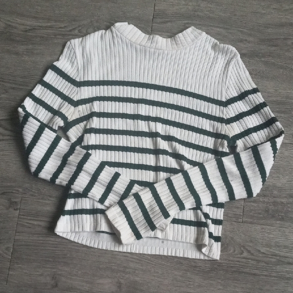 Sweaters - Striped Ribbed Sweater - White and Green